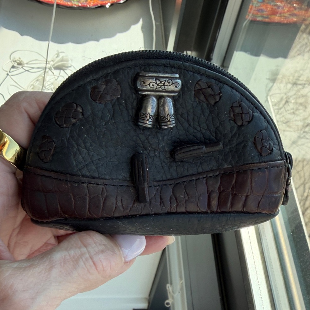 Brighton Collectables Brown Faux Croc & Black Leather Coin Pouch with zipper.
